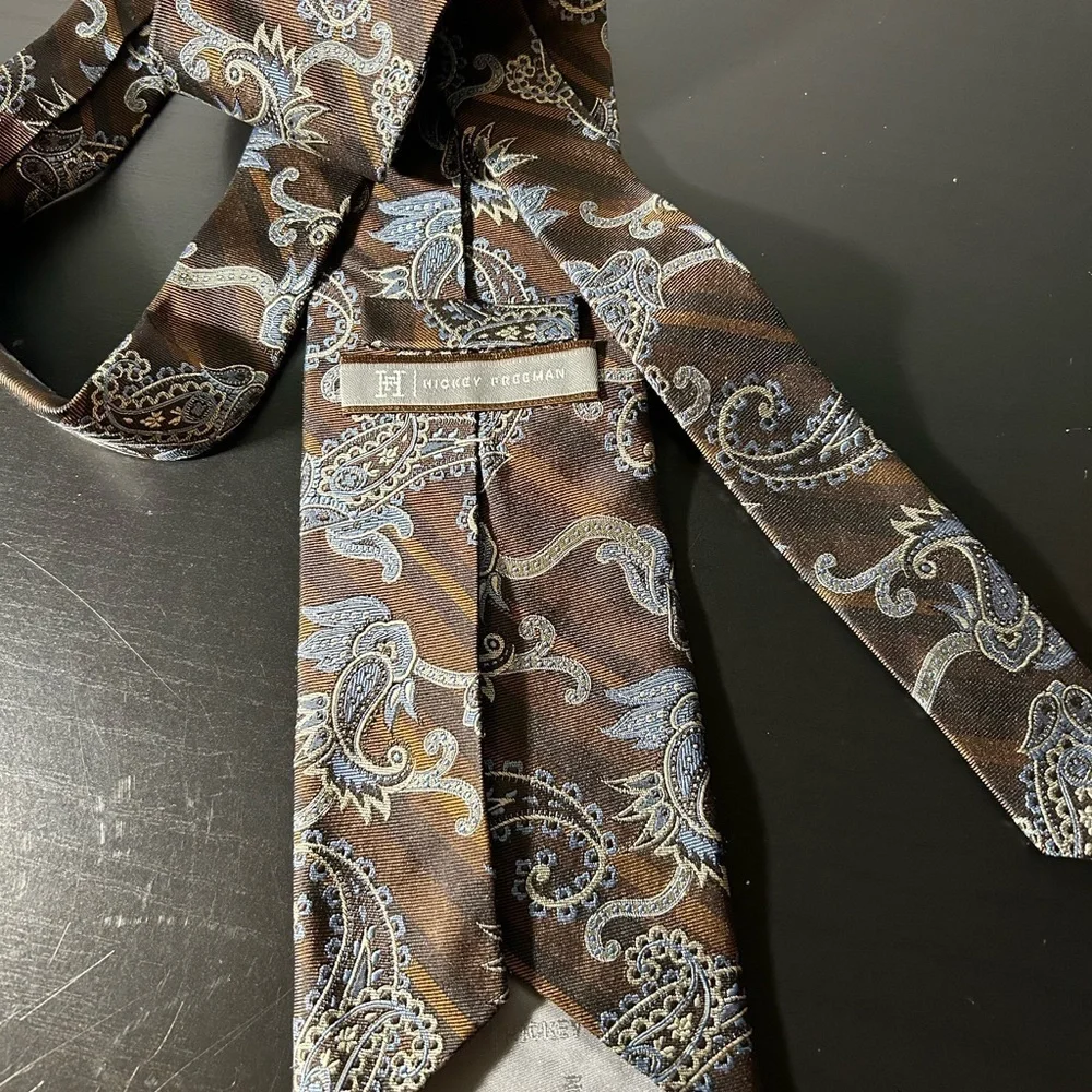 Hickey Freeman brown and blue paisley silk mens tie